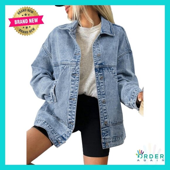 Jackets & Blazers - Classic Denim Jacket Drop Shoulder Button Front Casual Chic Y2K Retro
